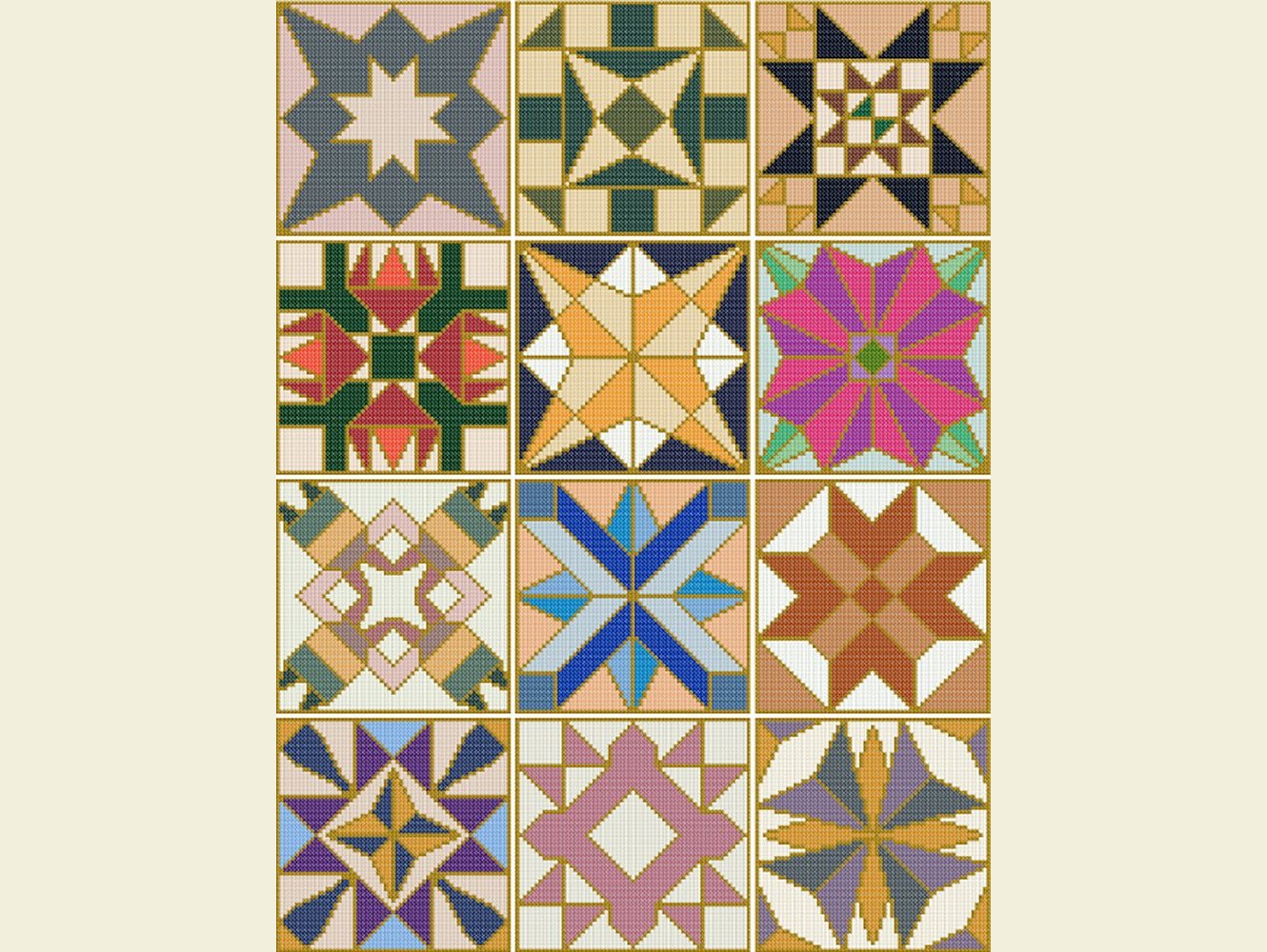 Set 4 - Cross Stitch - 12 Star Blocks - Machine Embroidery Designs - INSTANT DOWNLOAD