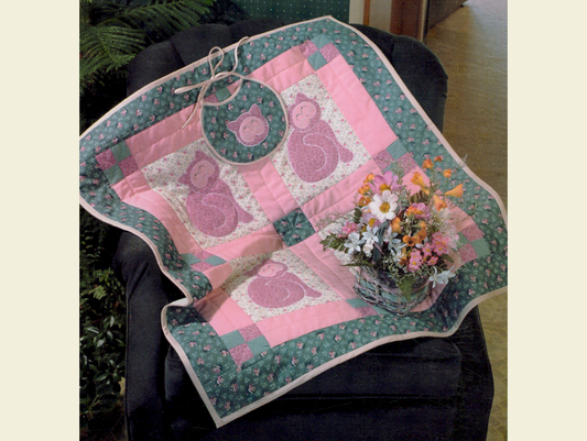 Vintage Quilt Pattern Cute & Adorable Kitty Love Easy Applique Baby / Crib Quilt + Bonus Bib Pattern - PDF Instant Digital Download
